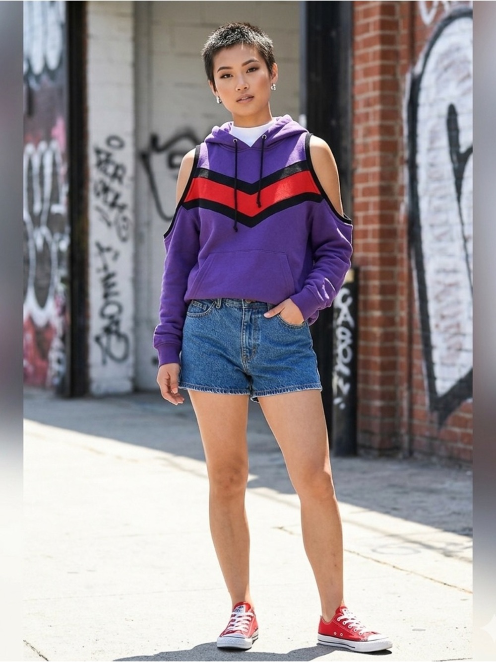 LF Los Angeles Purple and Red Women's Open Shoulders Hoodie.